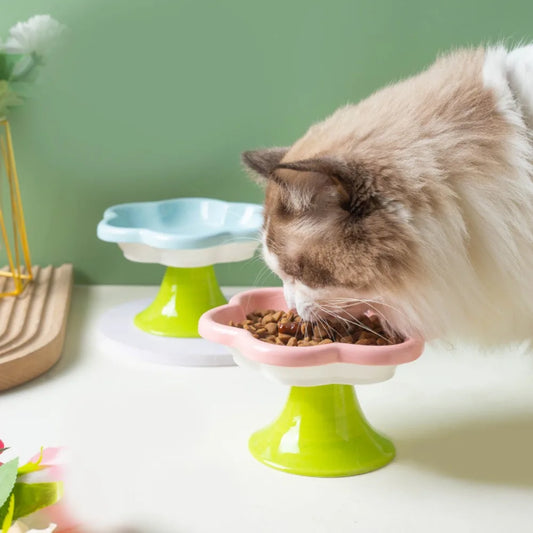 Floral Pedestal Ceramic Pet Bowl – Elevated Cat & Small Dog Dish (Pastel Pink, Blue or Yellow)