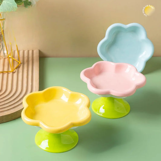 Floral Pedestal Ceramic Pet Bowl – Elevated Cat & Small Dog Dish (Pastel Pink, Blue or Yellow)